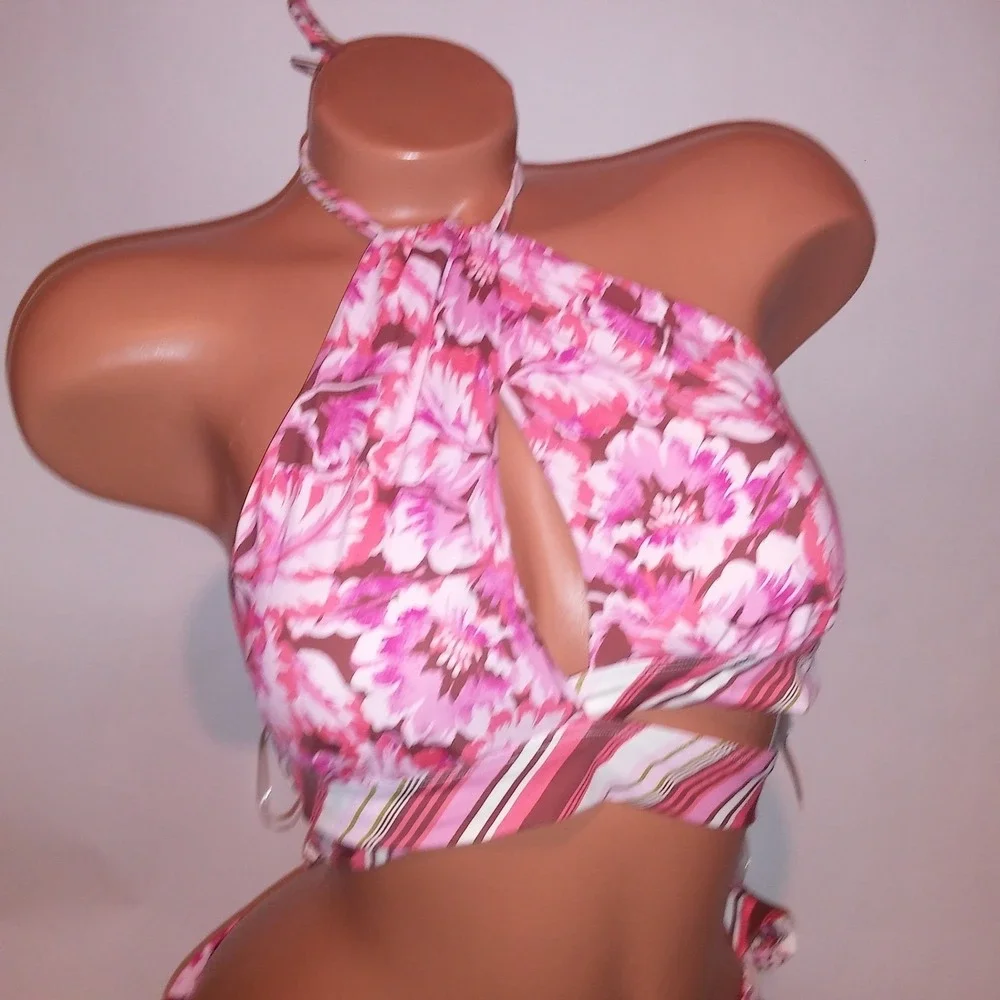 Victoria Secret Swim Bikini Medium Top & Bottom Pink Orange Floral Halter New
